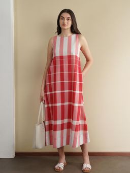 Pink Fort - Women Cotton Red Striped A-Line Midi Dress