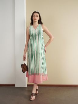 Pink Fort - Women Cotton Off White Striped A-Line Midi Dress