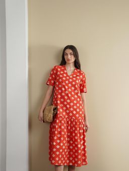 Pink Fort - Women Cotton Orange Geometric V-Neck Midi Dress