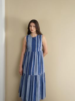 Pink Fort - Women Cotton Blue Striped Midi Dress