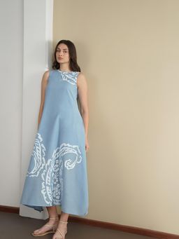 Pink Fort - Women Cotton Blue Paisley Printed Dress