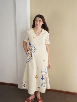 Pink Fort - Women Cotton Off White Floral Printed A-Line Midi Dress