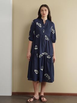Pink Fort - Women Cotton Navy Blue Floral Printed Midi Dress