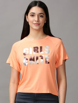 SHOWOFFFF - Womens Round Neck Printed Orange Regular T-Shirt