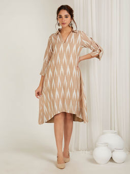 Cyan - Beige Ikat Cotton Dress