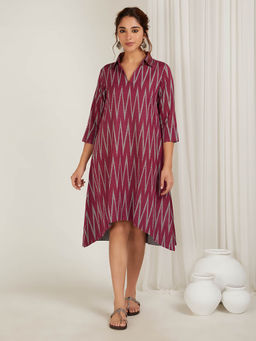 Cyan - Maroon Ikat Cotton Dress