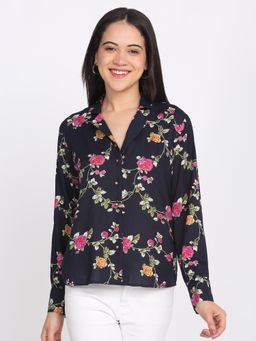 SHAYE - Navy Blue Floral Print Full Sleeves Casual Shirt
