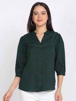 SHAYE - Green Band Collar Solid Three-Quarter Sleeves Casual Shirt
