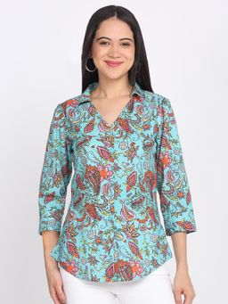 SHAYE - Blue Paisley Print Three-Quarter Sleeves Casual Shirt