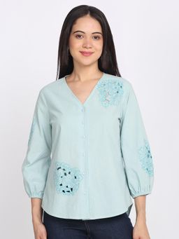 SHAYE - Blue V-Neck Embroidered Three-Quarter Sleeves Casual Shirt
