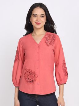 SHAYE - Coral V-Neck Embroidered Three-Quarter Sleeves Casual Shirt