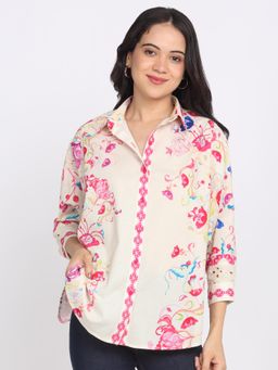 SHAYE - Ivory Floral Print Three-Quarter Sleeves Casual Shirt