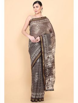 Soch - Women Brown Cotton Printed Saree with Unstitched Blouse