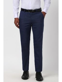 Peter England - Men Navy Blue Checks Slim Fit Trouser