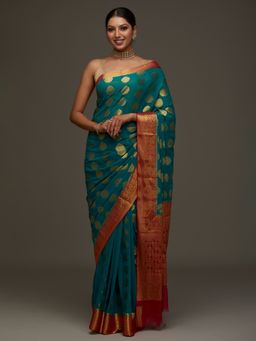 Koskii - Turquoise Blue Zari Work Art Silk Designer Saree with Unstitched Blouse