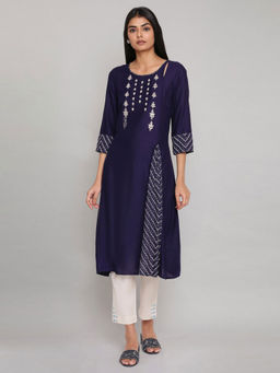 W - Patriot Blue Embroidered Straight Kurta