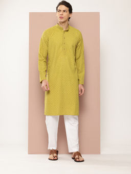 See Designs - Men Lime Green Embroidered Sequined Rayon Kurta