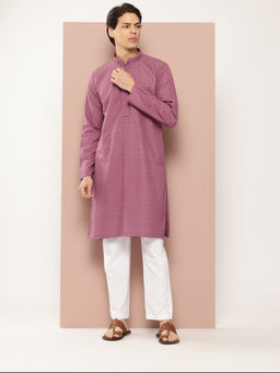 See Designs - Men Pink Embroidered Sequined Rayon Kurta