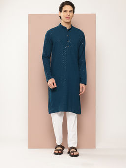 See Designs - Men Teal Embroidered Sequined Rayon Kurta