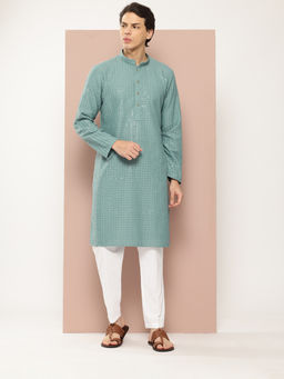 See Designs - Men Turquoise Embroidered Sequined Rayon Kurta