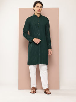 See Designs - Men Green Embroidered Sequined Rayon Kurta