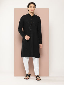 See Designs - Men Black Embroidered Sequined Rayon Kurta