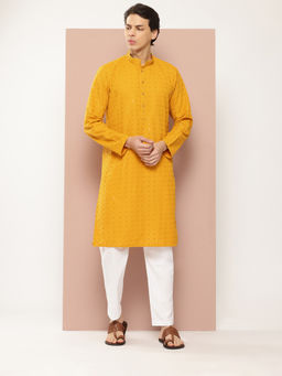 See Designs - Men Mustard Embroidered Sequined Rayon Kurta