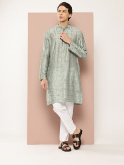 See Designs - Men Sea Green Embroidered Thread Work Chanderi Silk Straight Kurta