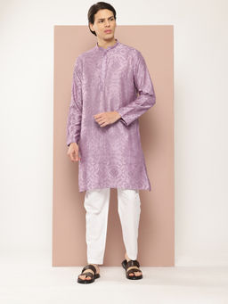 See Designs - Men Lavender Embroidered Thread Work Chanderi Silk Straight Kurta
