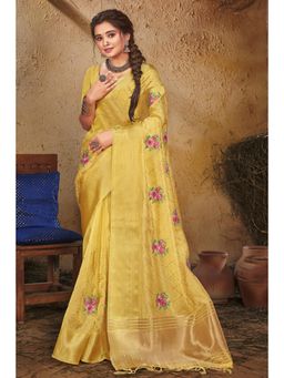 EXCLUSIVA - Yellow Organza Saree with Unstitched Blouse
