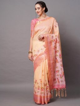 Odette - Peach Festive Linen Blend Printed Saree with Unstitched Blouse