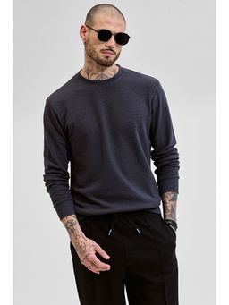 Snitch - Grey Crew Neck Self Design Sweatshirt