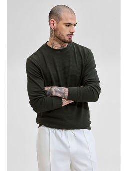 Snitch - Olive Crew Neck Self Design Sweatshirt