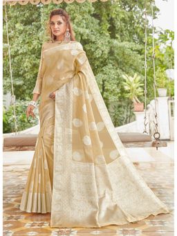 Sangam Prints - Beige Linen Woven Work Traditional Saree with Unstitched Blouse