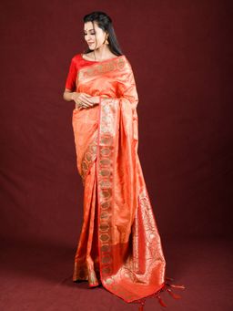 EXCLUSIVA - Peach Banarasi Blended Silk Woven Saree Zari Work with Unstitched Blouse