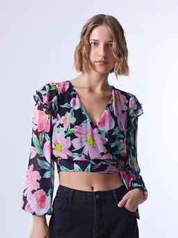 Cover Story - Black Floral V-Neck Crop Top