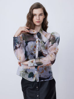 Cover Story - Black Floral Tie Up Neck Shirt