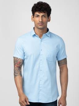 Spykar - Men Sky Blue Cotton Regular Slim Fit Plain Shirt