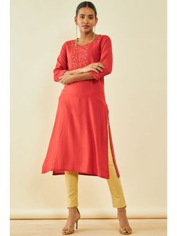 Soch - Womens Rust Rayon Embroidered Kurta With Gotta Patti