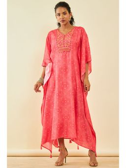 Soch - Womens Coral Silk Blend Bandhani Print Kaftan With Mirror Work