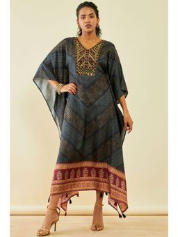 Soch - Womens Black Silk Blend Bandhani Print Kaftan With Mirror Work