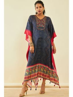 Soch - Womens Navy Blue Silk Blend Bandhani Print Kaftan With Mirror Work