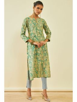 Soch - Womens Green Cotton Foil Print Kurta With Beads