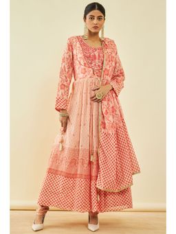 Soch - Womens Peach Mul Floral Print Kurta With Mirror Work (Set of 3)