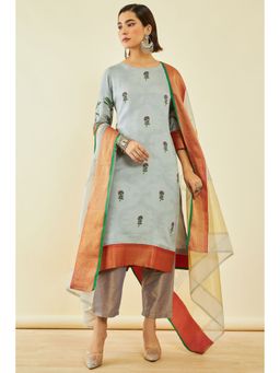 Soch - Womens Grey Cotton Floral Print Kurta And Pant With Dupatta (Set of 3)