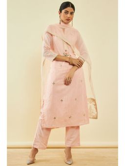 Soch - Womens Peach Cotton Embroidered Kurta And Pant With Dupatta With Gotta Patti (Set of 3)