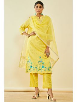 Soch - Womens Yellow Cotton Embroidered Kurta And Pant With Dupatta With Gotta Patti (Set of 3)