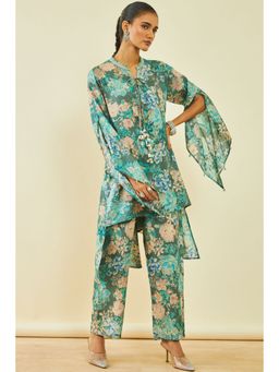 Soch - Womens Teal Cotton Floral Print Co-Ord With Tassels (Set of 2)