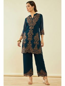 Soch - Womens Blue Georgette Embroidered Kurta With Thread Work (Set of 2)