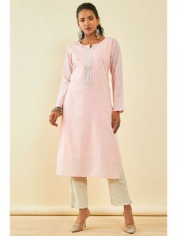 Soch - Womens Peach Cotton Kurta With Mirror Work (Set of 2)